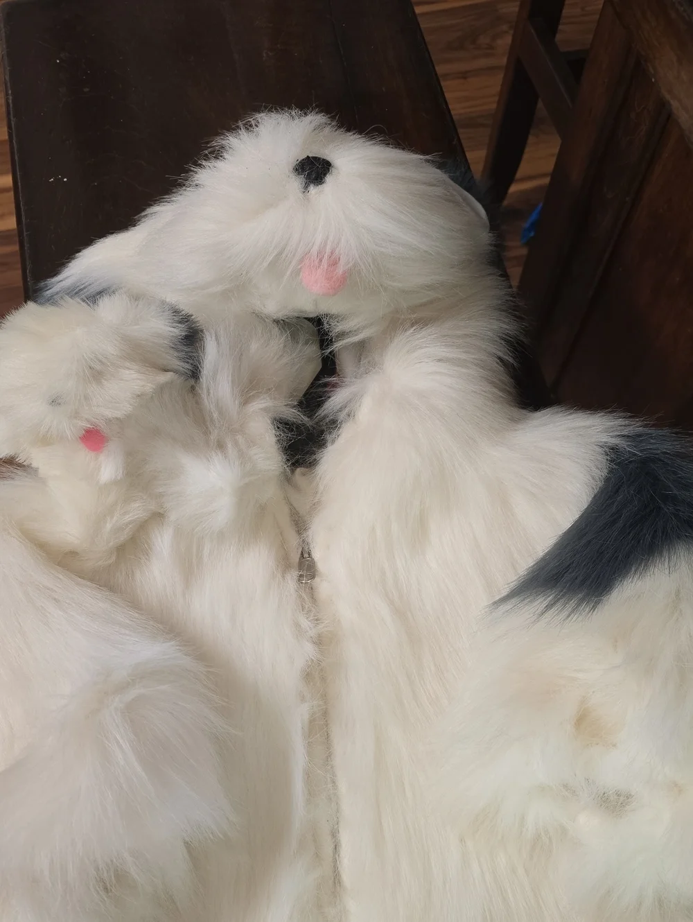 Very Vintage.White Furry Doggie Kids Costume Hooded  Head & Mitts To Cover Hands